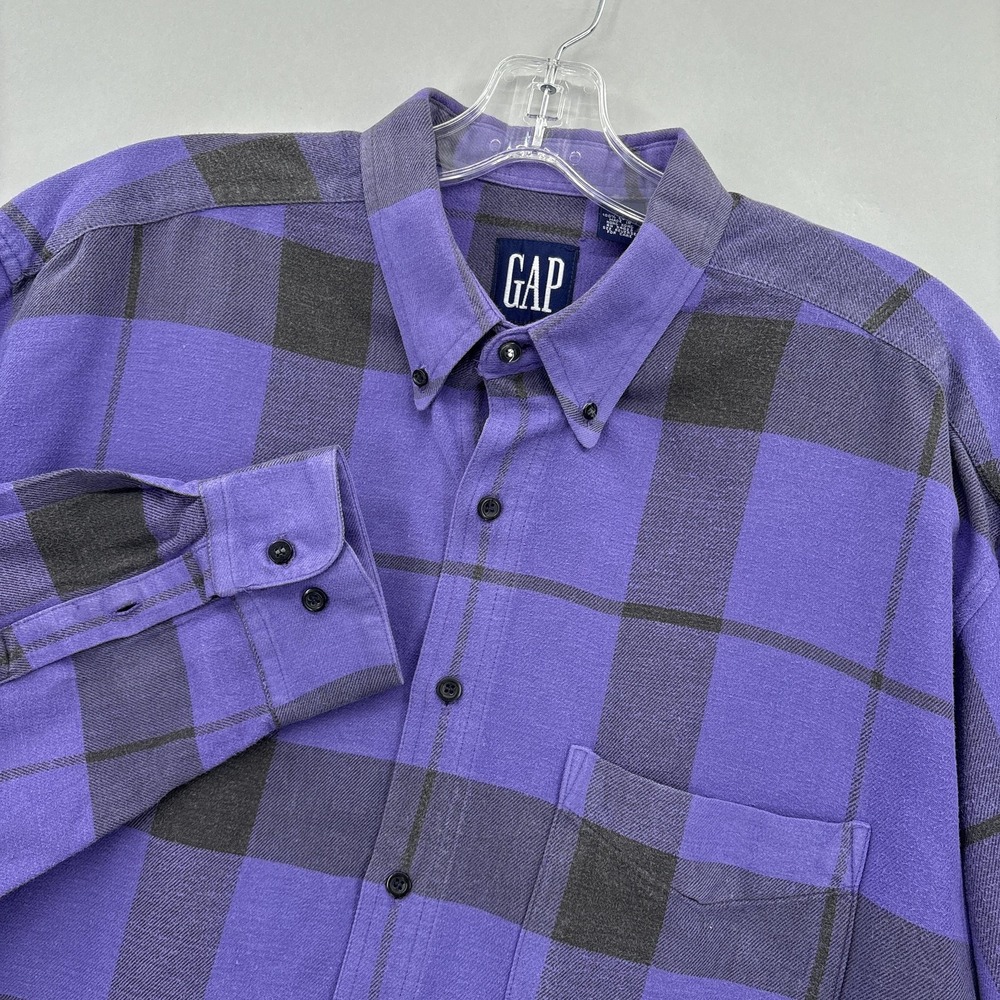 Vintage Gap Shirt Mens Large Purple Plaid Flannel Button Down Long Sleeve 90s
